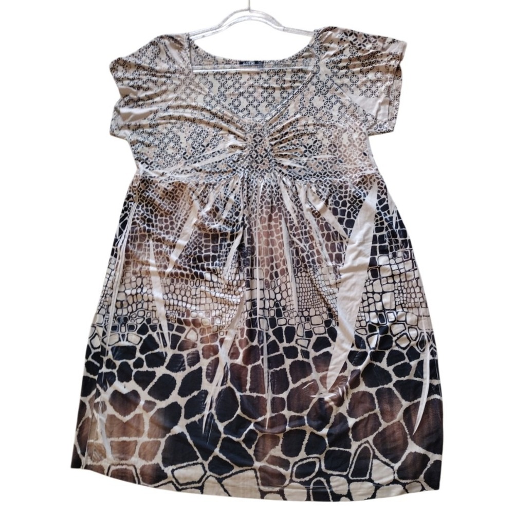Apt 9 Dress Woman's‎ XL Brown Tan Animal Print Studded V Neck Boho Short Sleeves